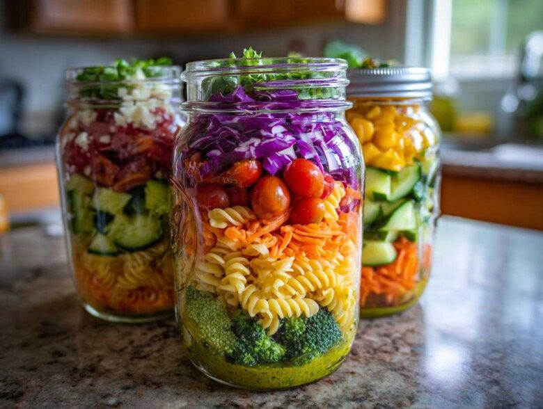 Three layered Rainbow Veggie Pasta Salad Jars showing colorful ingredients like broccoli, pasta, carrots, tomatoes, and cabbage.