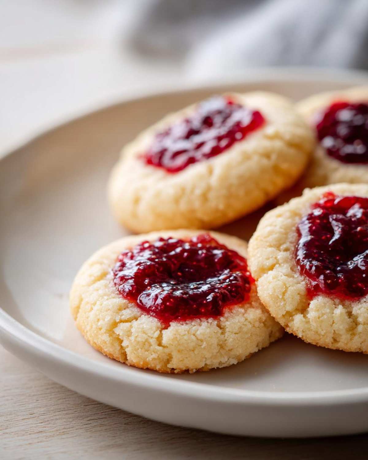 Close-up of several delicious raspberry thumbprint cookies with bright red jam centers on a light plate.