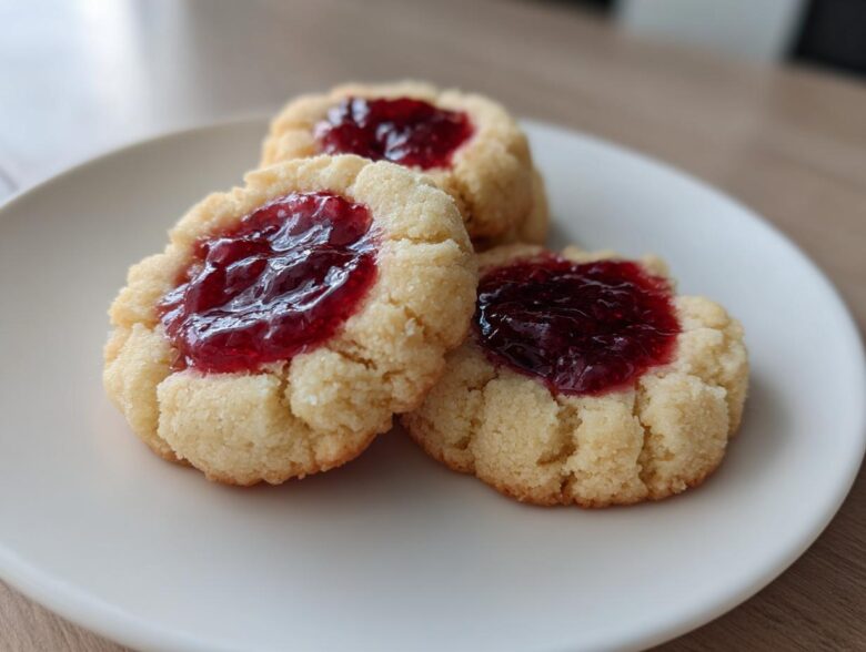 Three buttery raspberry thumbprint cookies with bright red jam centers resting on a simple white plate.