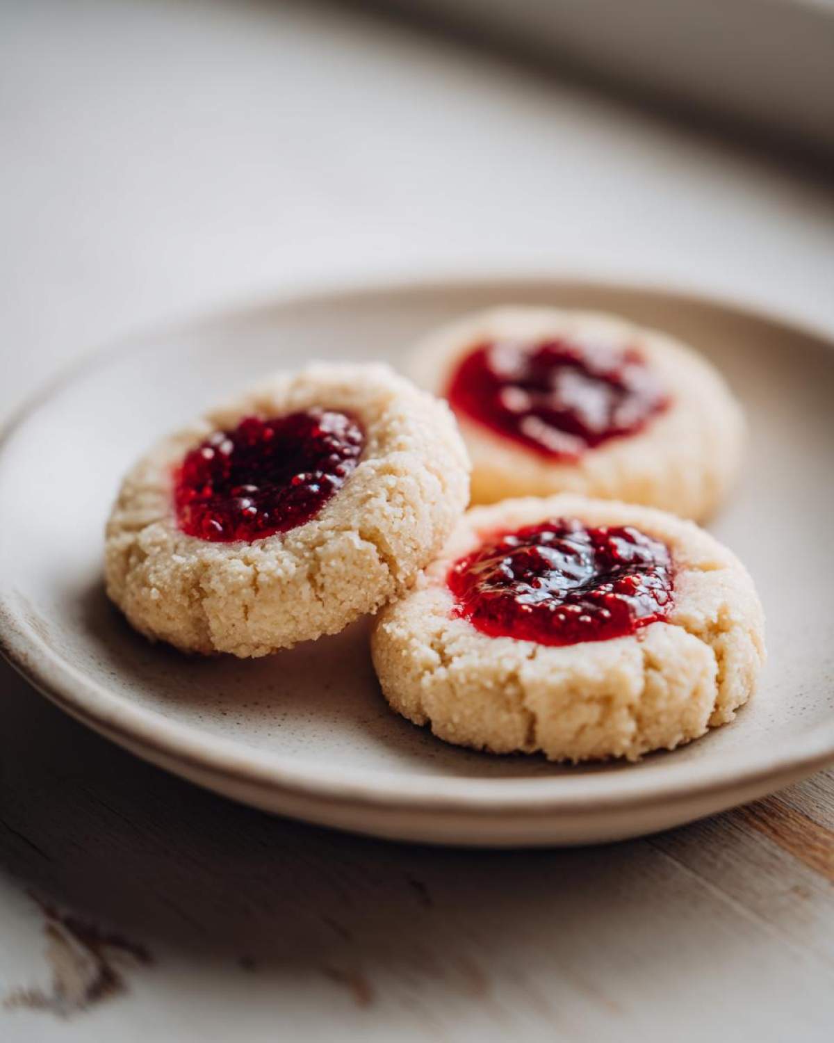Close-up of three delicious raspberry thumbprint cookies with bright red jam centers on a light ceramic plate.