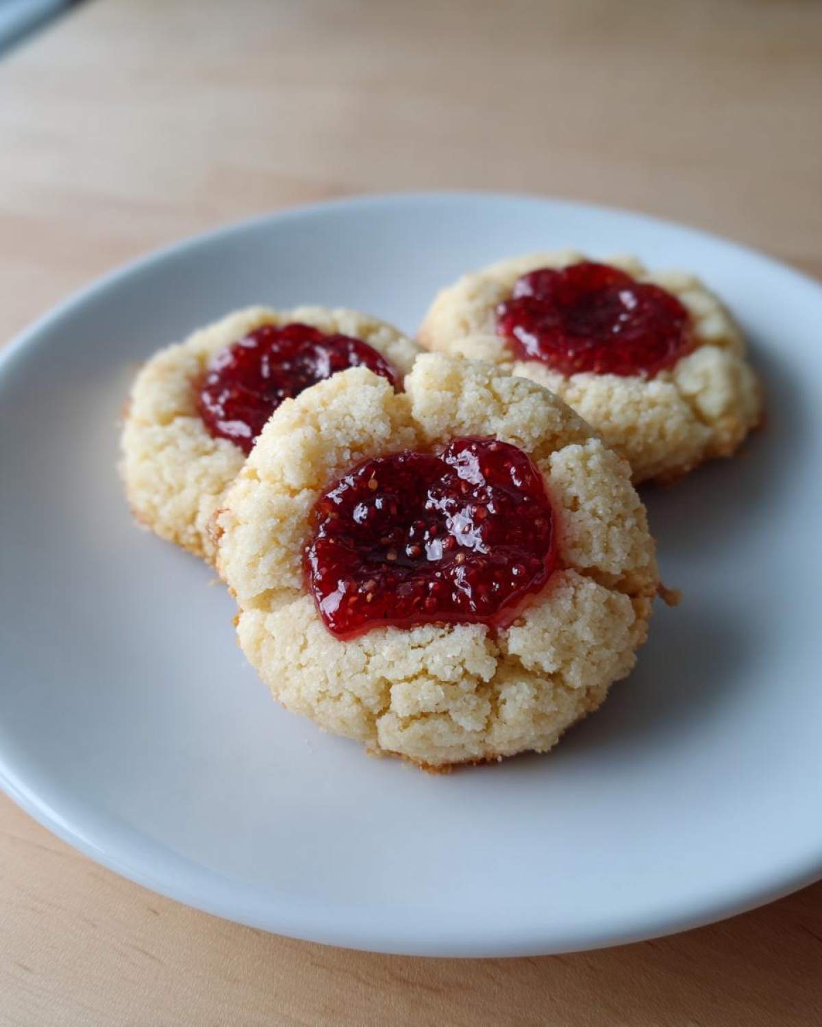 Close-up of three delicious raspberry thumbprint cookies with bright red jam centers resting on a white plate.