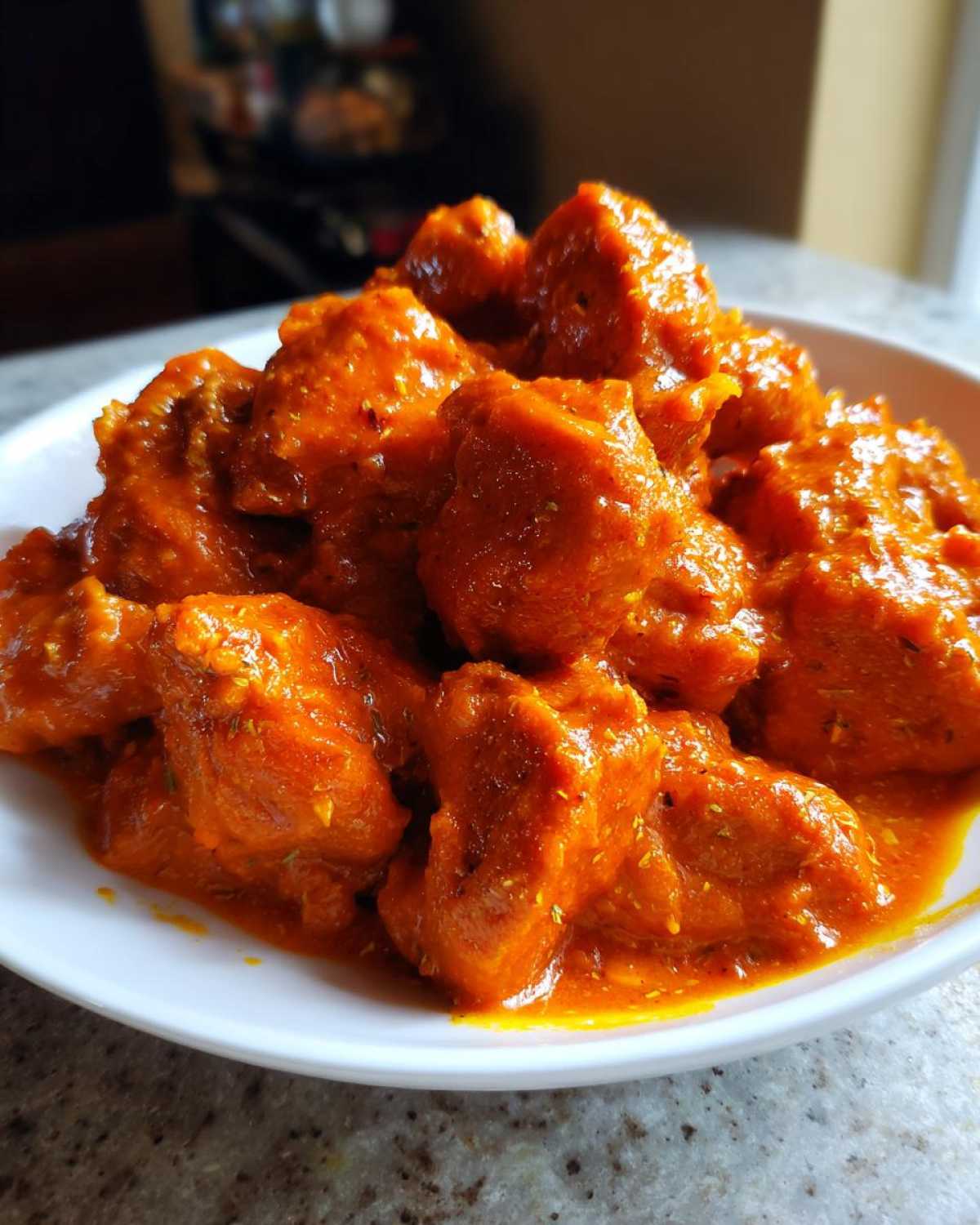 A close-up shot of tender chicken pieces coated in a vibrant, creamy orange sauce, characteristic of delicious butter chicken, served in a white bowl.