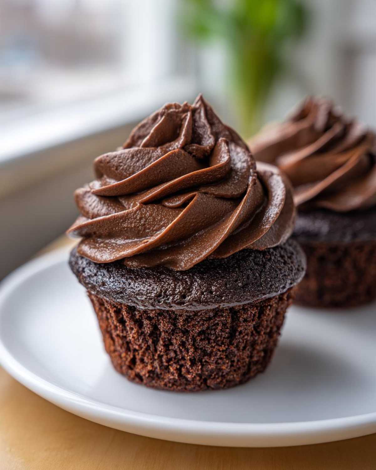 Close-up of a decadent chocolate cupcake topped with a tall swirl of rich chocolate frosting.