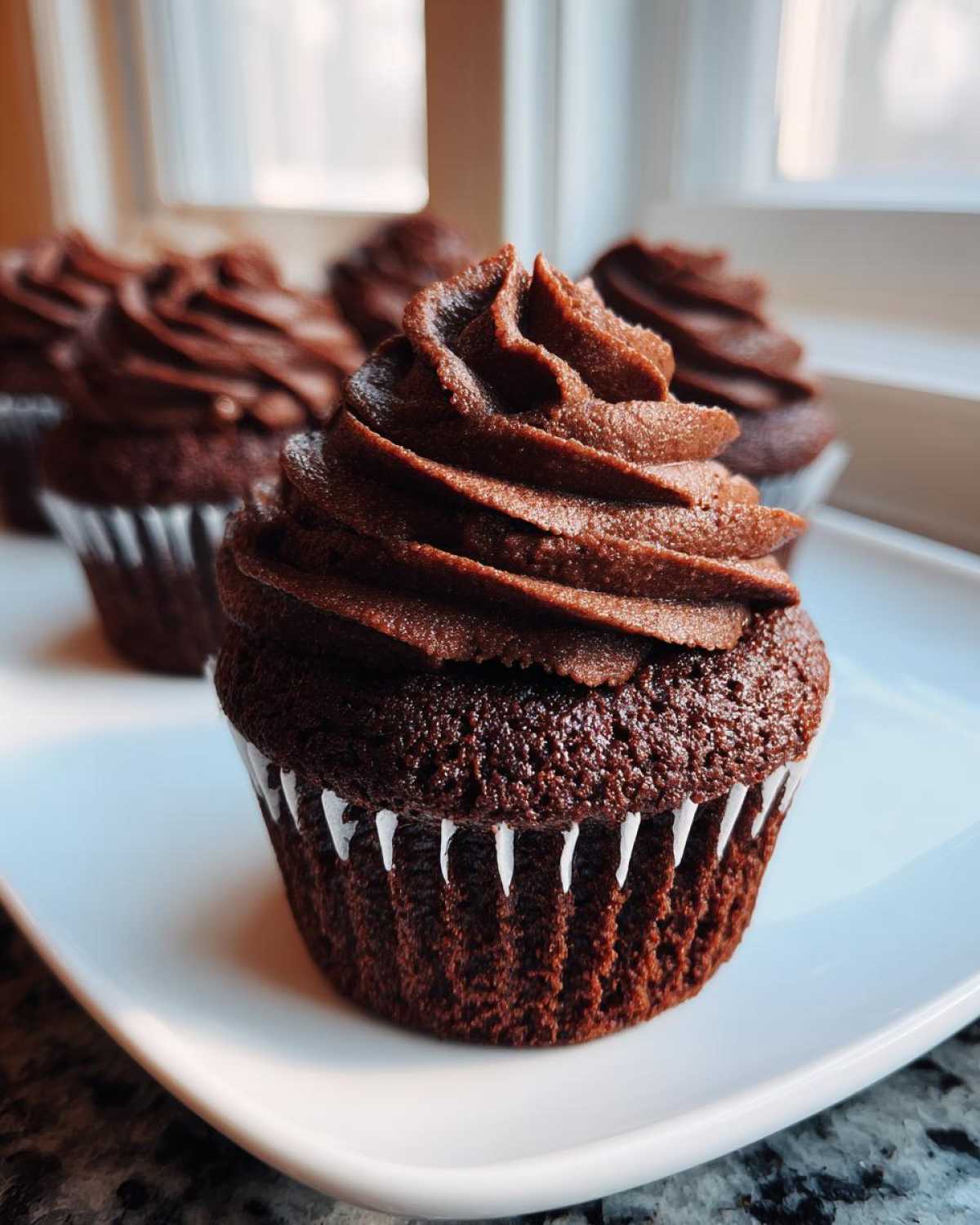 Close-up of a moist chocolate cupcake topped with thick, swirled chocolate frosting, ready to eat.