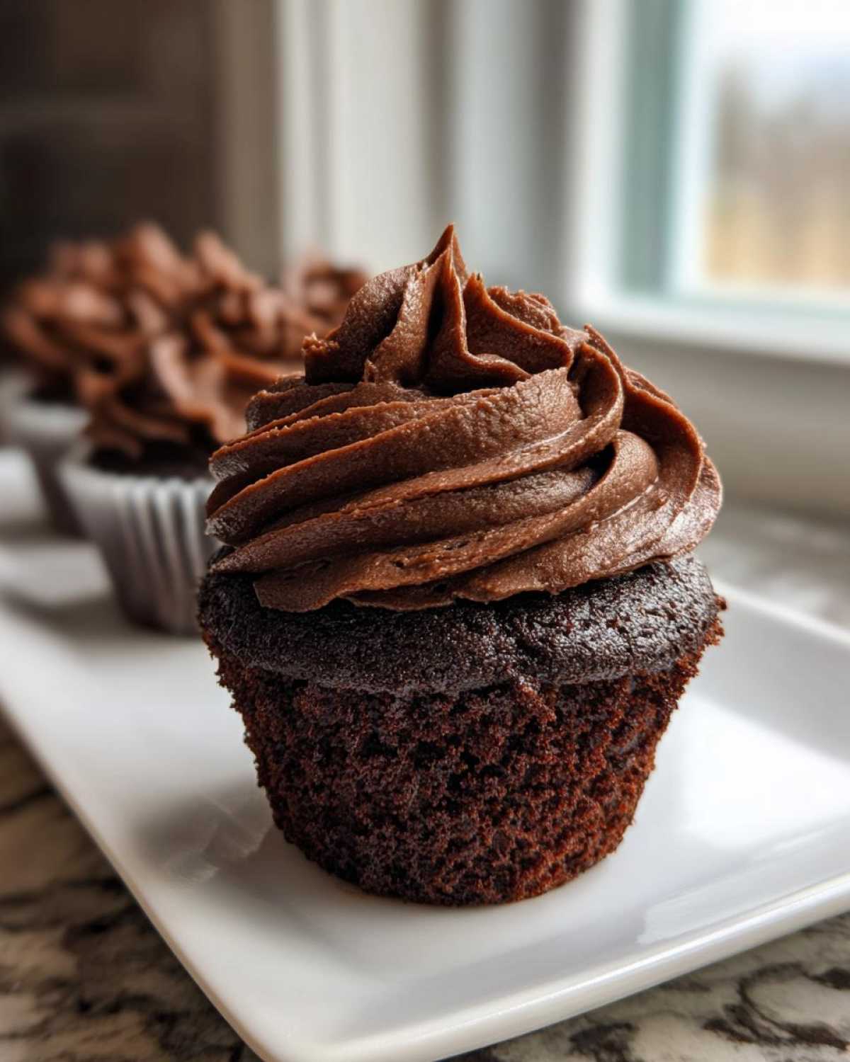 Close-up of a rich, dark chocolate cupcake topped with a tall swirl of chocolate frosting, part of a batch of chocolate cupcakes.