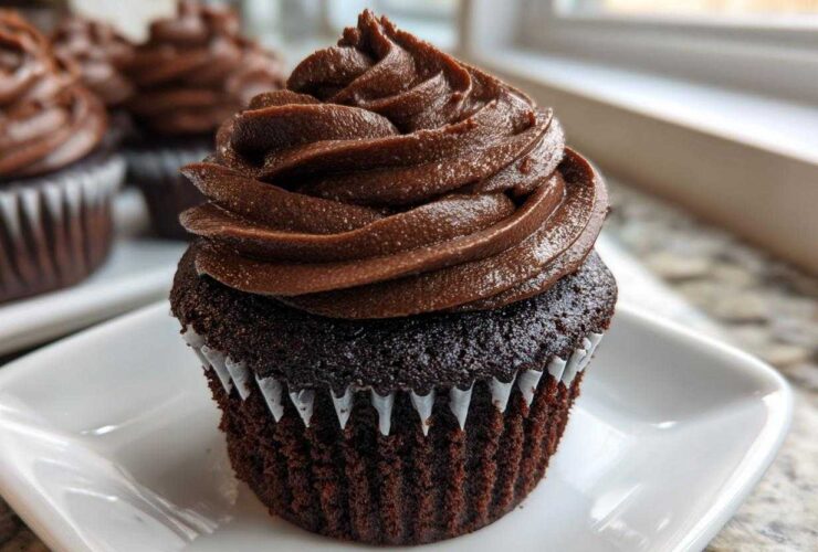 Close-up of a moist chocolate cupcake topped with a tall swirl of rich chocolate frosting, part of a batch of chocolate cupcakes.