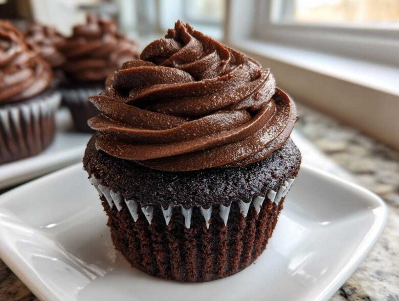 Close-up of a moist chocolate cupcake topped with a tall swirl of rich chocolate frosting, part of a batch of chocolate cupcakes.