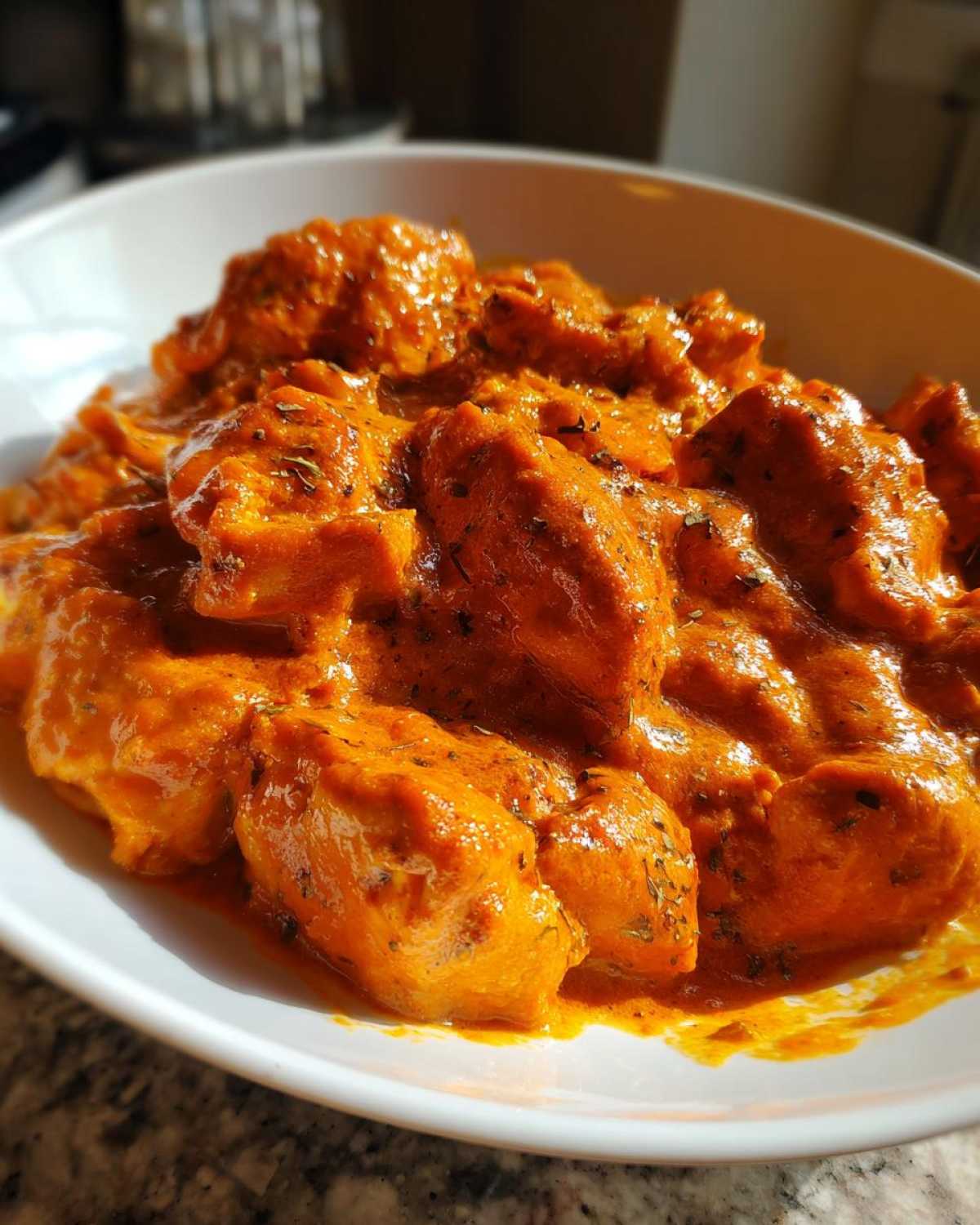 Close-up shot of tender chicken pieces coated in a vibrant, orange, creamy sauce, characteristic of butter chicken.