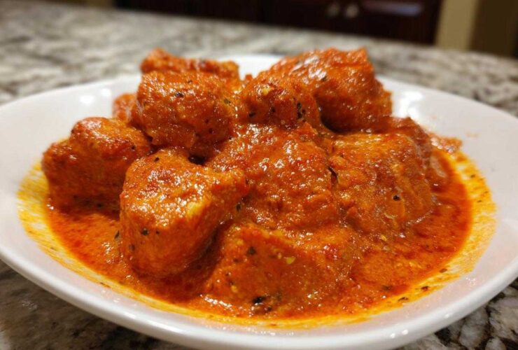 Close-up view of tender chicken pieces coated in a vibrant, orange-red, creamy sauce, characteristic of authentic butter chicken.