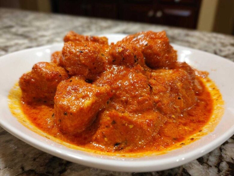 Close-up view of tender chicken pieces coated in a vibrant, orange-red, creamy sauce, characteristic of authentic butter chicken.
