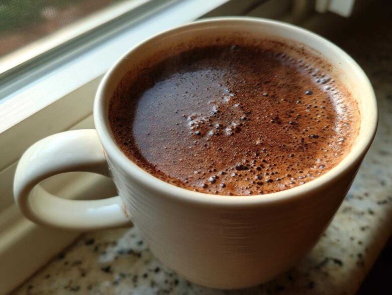 Close-up of a creamy, rich hot chocolate with foam bubbles in a light-colored mug by a window.