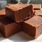 Several thick, square pieces of rich brown penuche fudge stacked on a white plate in bright sunlight.