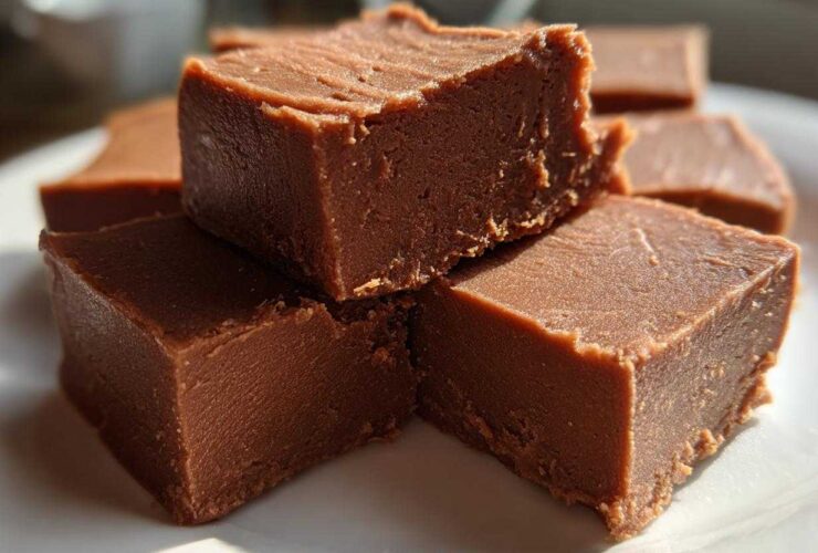 Several thick, square pieces of rich brown penuche fudge stacked on a white plate in bright sunlight.