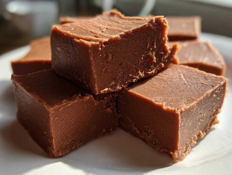 Several thick, square pieces of rich brown penuche fudge stacked on a white plate in bright sunlight.