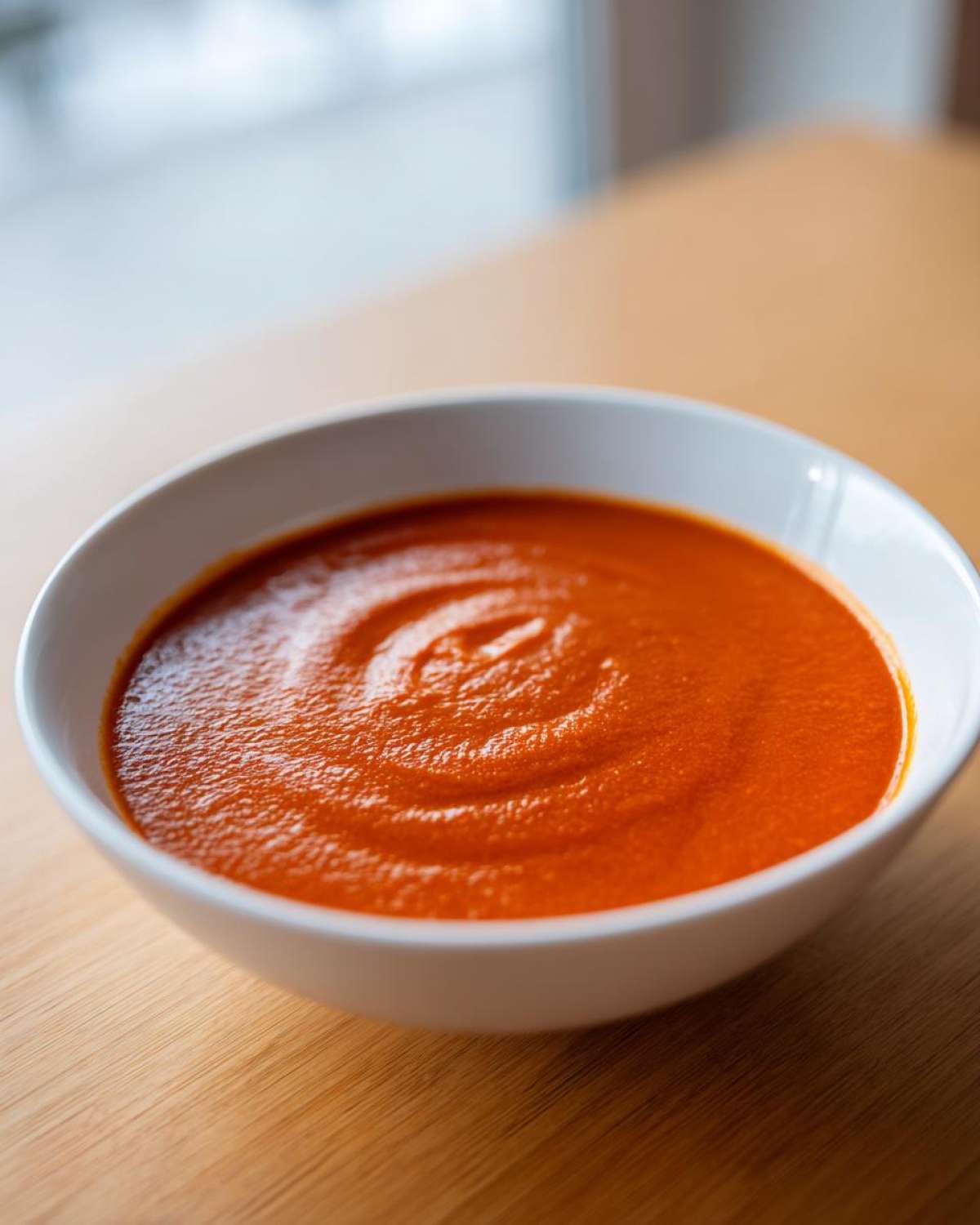 Close-up of a white bowl filled with vibrant, smooth Tomato Soup resting on a wooden surface.