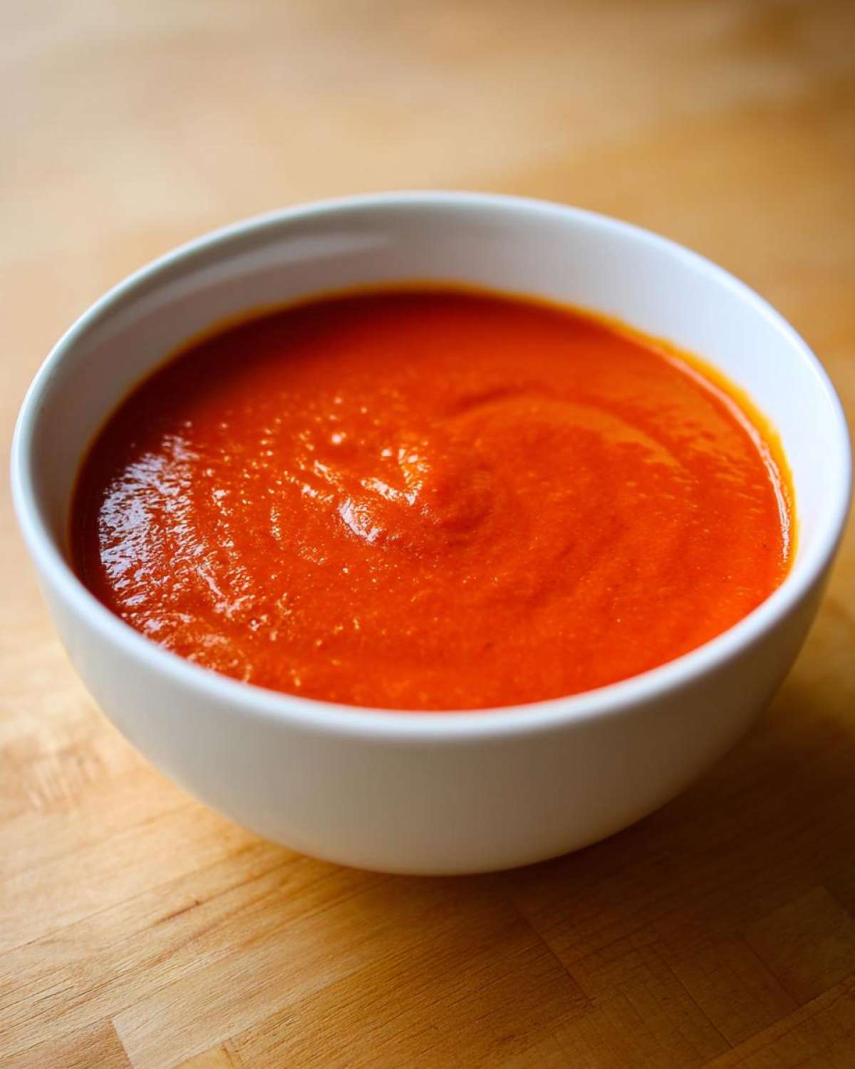 Close-up of a white bowl filled with vibrant, smooth Tomato Soup resting on a wooden surface.