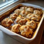 A white baking dish filled with ridiculously delicious apple cobbler, featuring golden biscuits over bubbling apple filling.