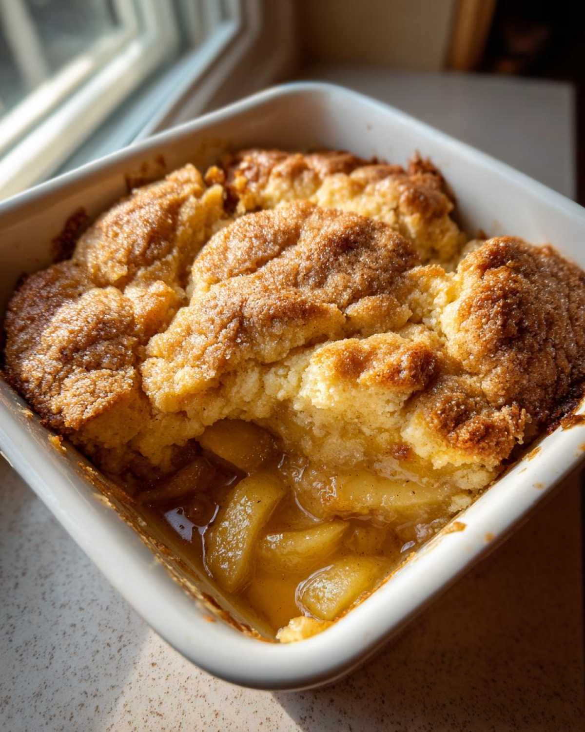Close-up of a portion of ridiculously delicious apple cobbler with a golden, sugary topping and visible spiced apple filling.