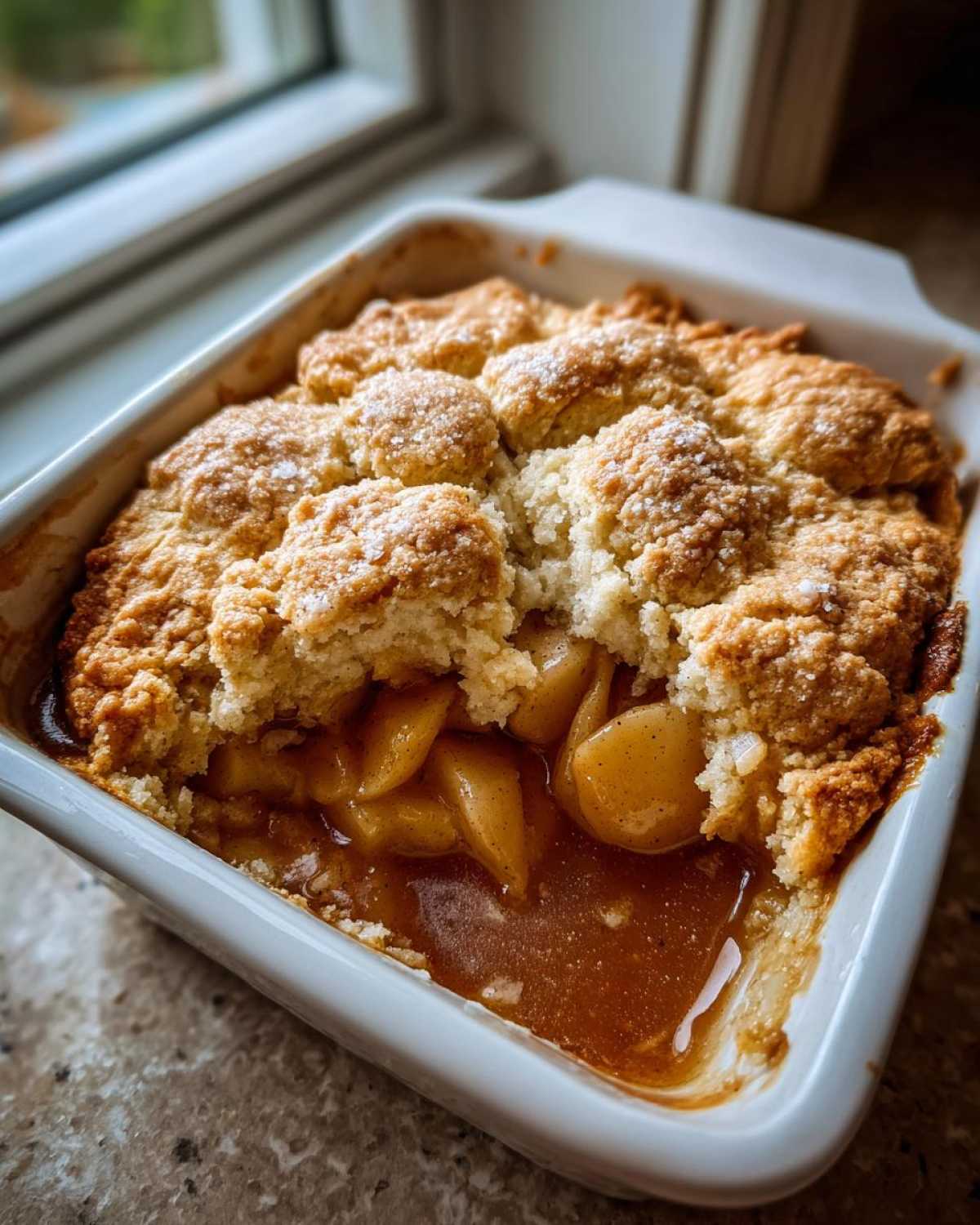 A close-up view of ridiculously delicious apple cobbler in a white dish, showing caramelized apples and a scoop taken out.