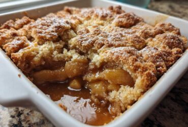 Close-up of a ridiculously delicious apple cobbler with a crumbly topping and gooey filling in a white baking dish.