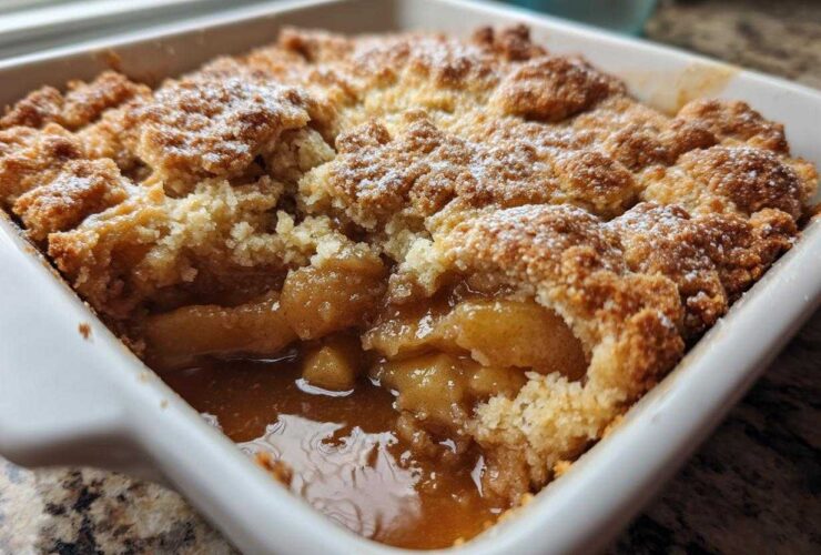 Close-up of a ridiculously delicious apple cobbler with a crumbly topping and gooey filling in a white baking dish.