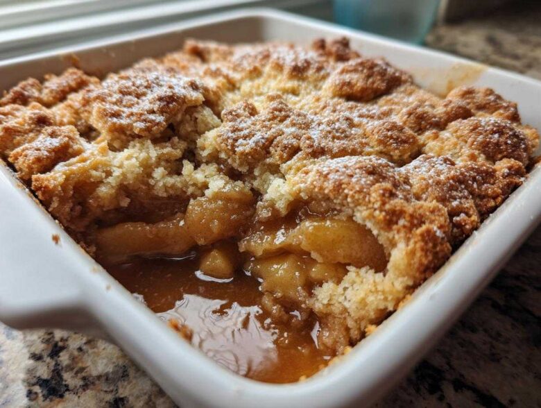 Close-up of a ridiculously delicious apple cobbler with a crumbly topping and gooey filling in a white baking dish.