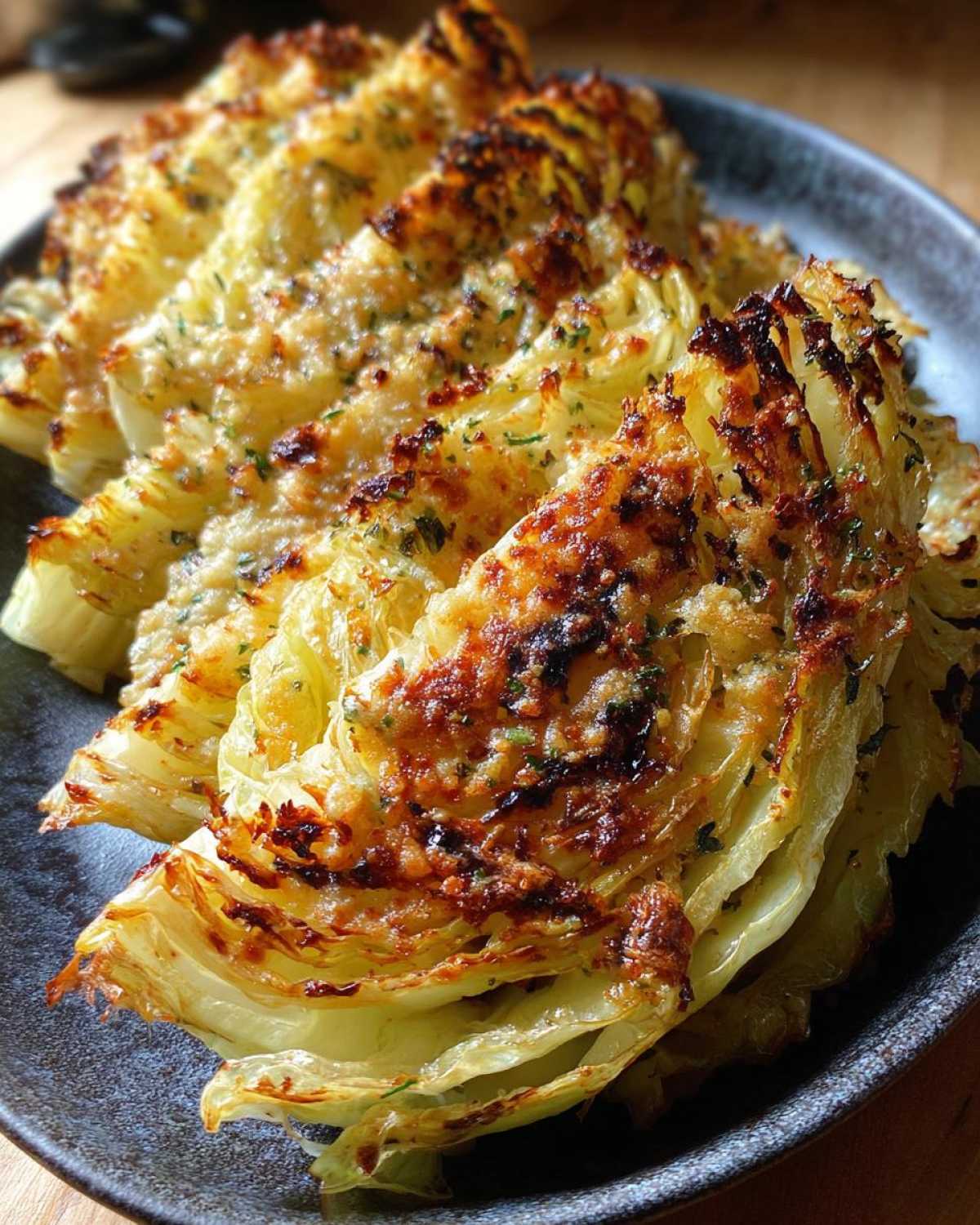 Four wedges of roasted cabbage recipe topped with golden-brown, cheesy crust served on a dark plate.