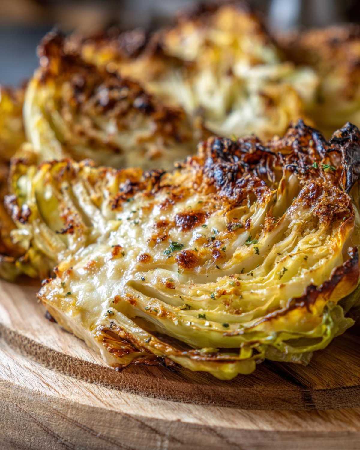 Close-up of a roasted cabbage recipe wedge with a golden-brown, cheesy crust, sprinkled with herbs.