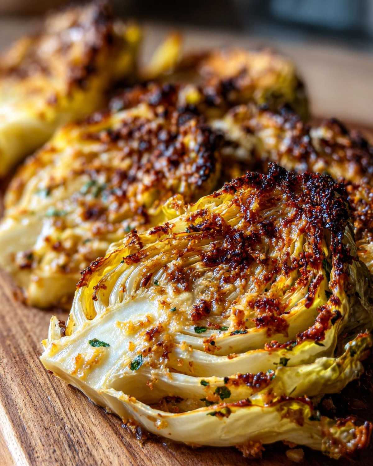 Close-up of roasted cabbage recipe wedges with a dark, crispy, seasoned crust on a wooden board.