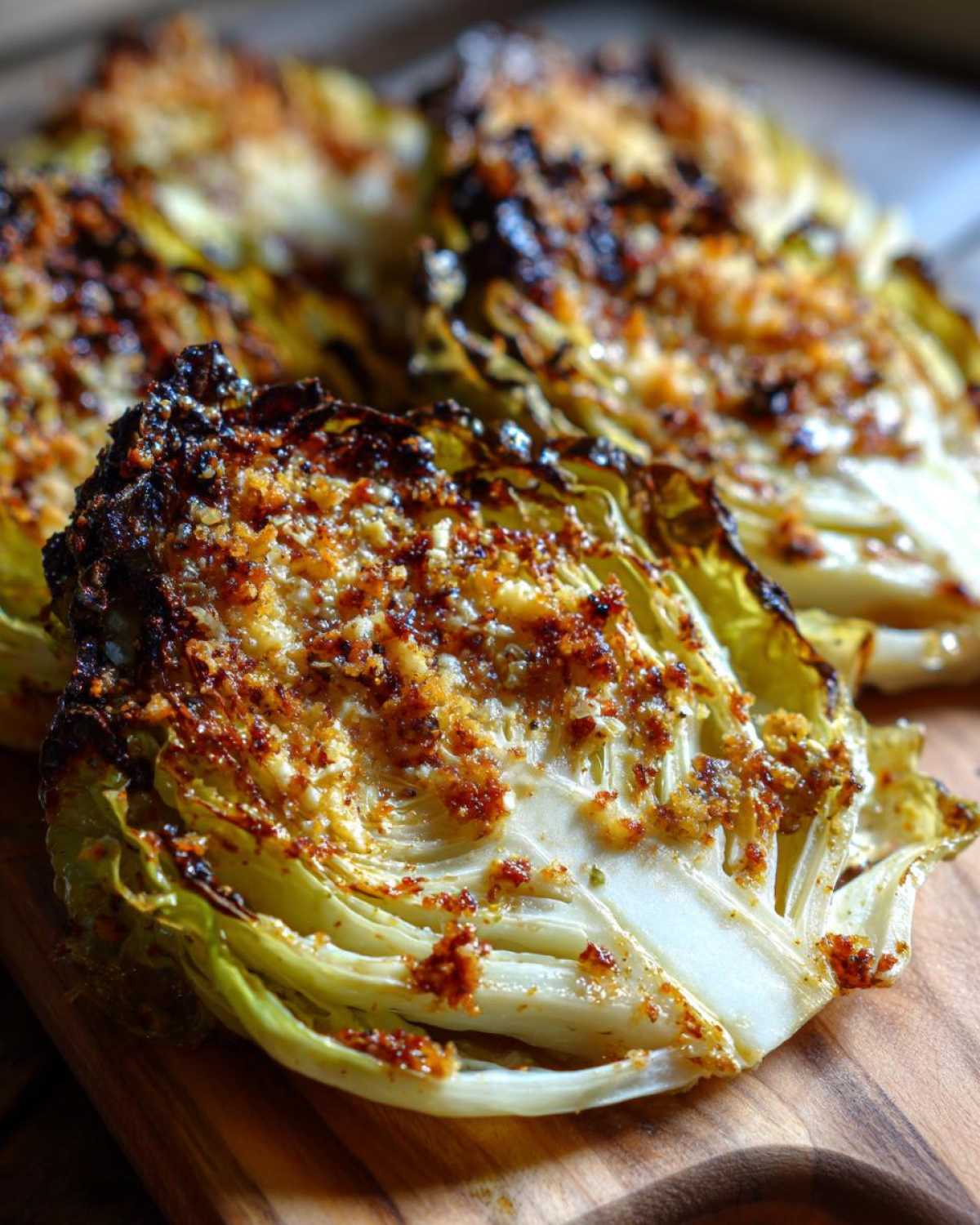 Close-up of roasted cabbage recipe wedges with a golden brown, crispy breadcrumb topping.