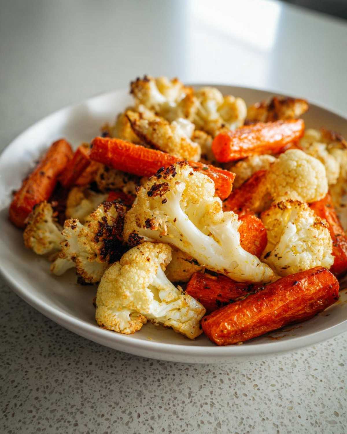 Close-up of perfectly roasted cauliflower and carrots served in a white bowl.