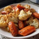 Close-up of caramelized roasted cauliflower and carrots seasoned with spices, served on a white plate.