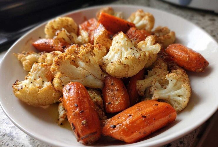 Close-up of caramelized roasted cauliflower and carrots seasoned with spices, served on a white plate.