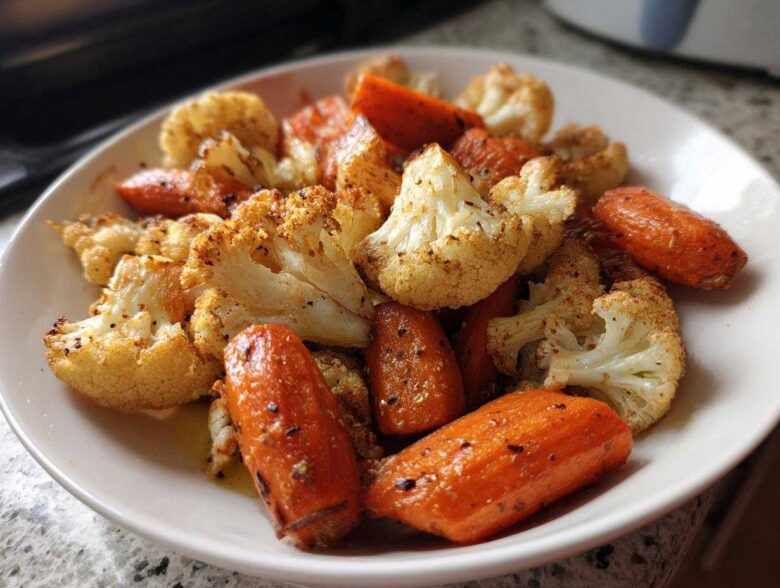 Close-up of caramelized roasted cauliflower and carrots seasoned with spices, served on a white plate.