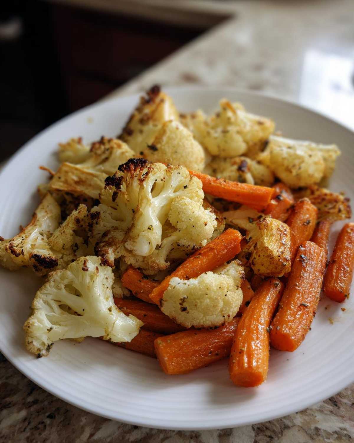 A white plate filled with perfectly roasted cauliflower and carrots, seasoned with herbs.