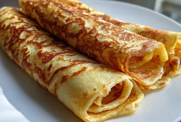 Close-up of three golden, rolled cottage cheese wrap crepes stacked on a white plate.
