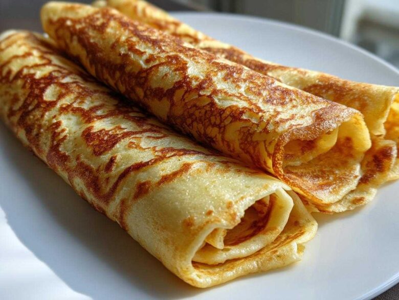 Close-up of three golden, rolled cottage cheese wrap crepes stacked on a white plate.