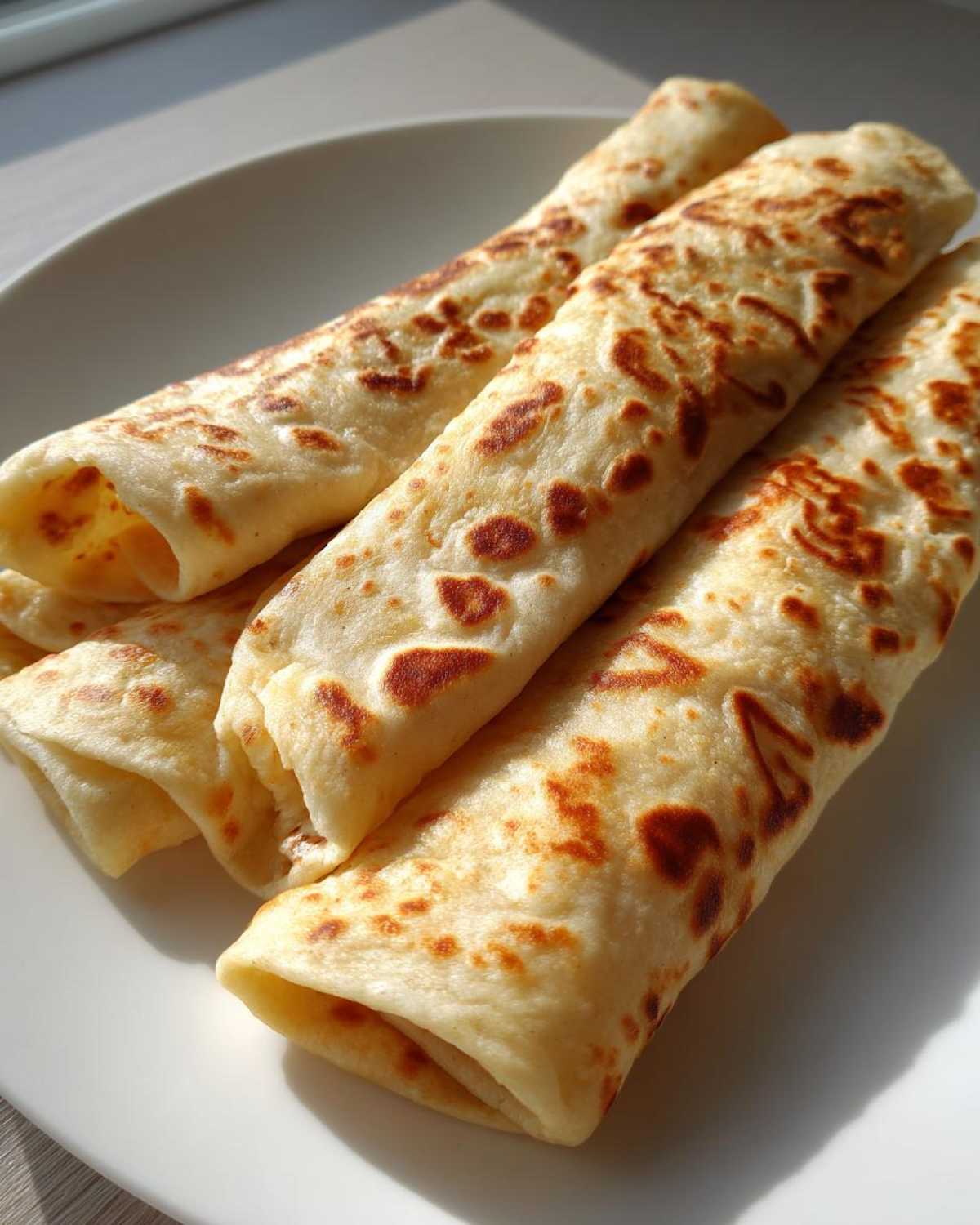 Three rolled, lightly browned tortillas, likely for a cottage cheese wrap, resting on a white plate in bright sunlight.