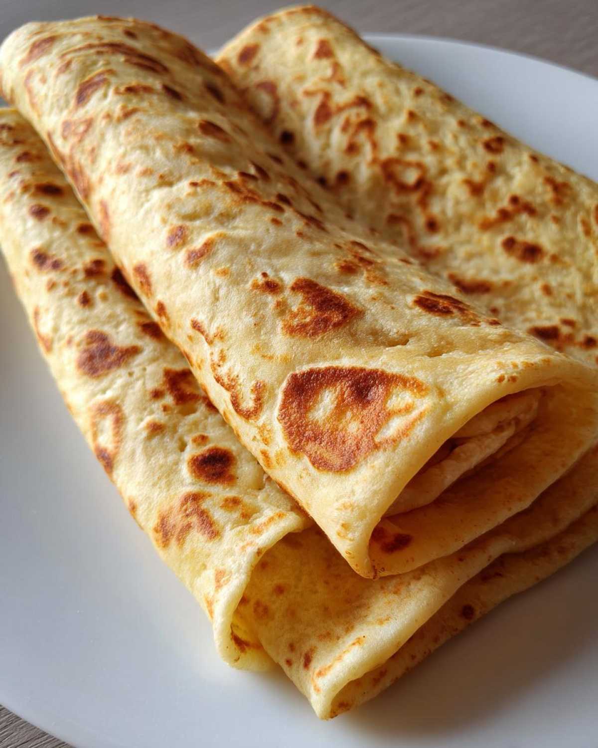 Close-up of three rolled cottage cheese wrap tortillas, lightly browned and stacked on a white plate.