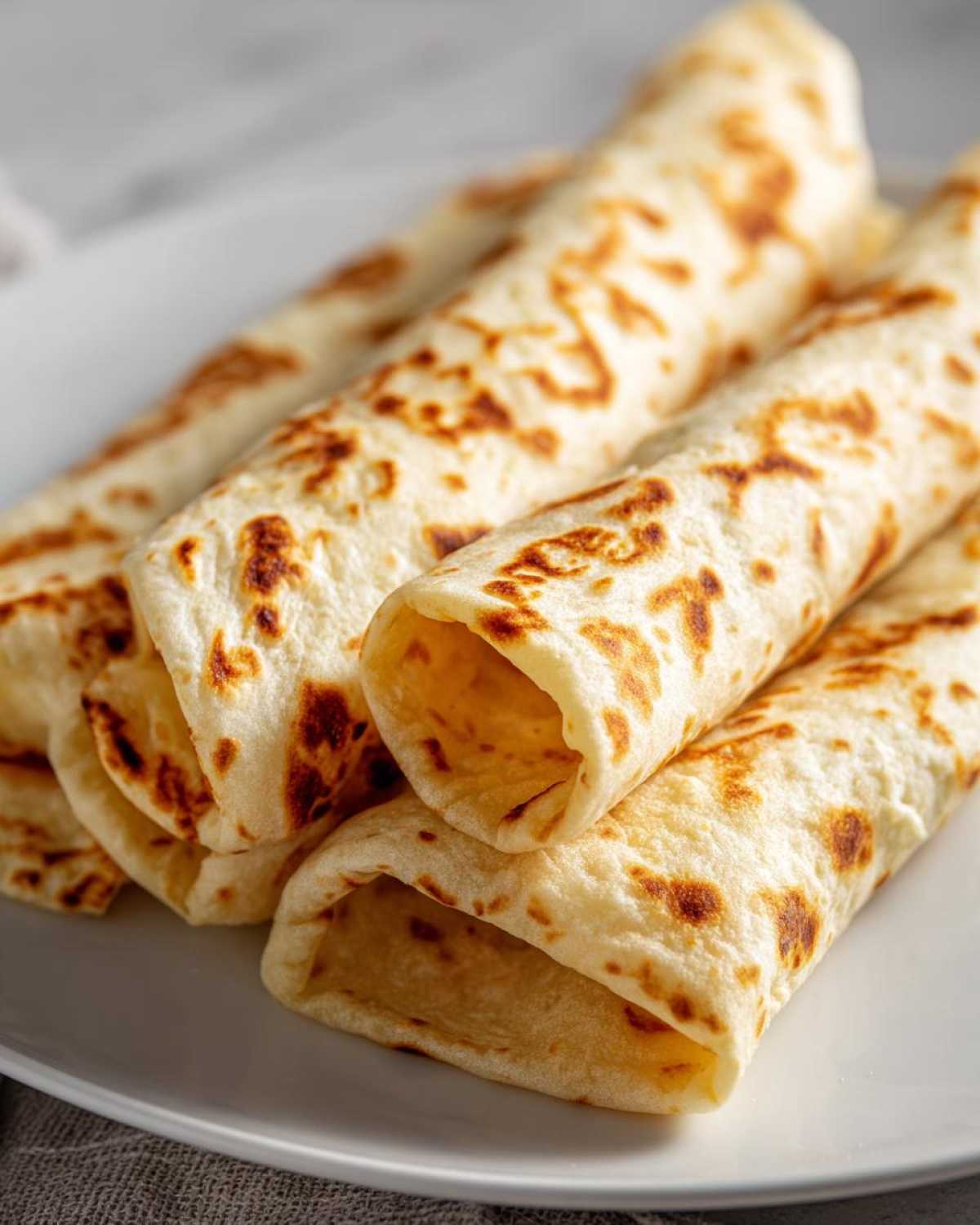 Close-up of several rolled cottage cheese wrap tortillas stacked on a white plate, showing browned spots.