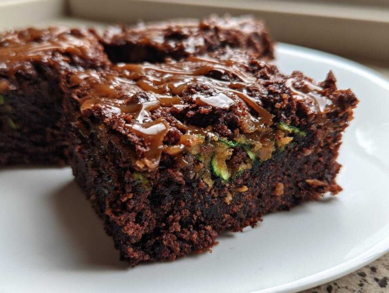 A close-up of a rich, dark chocolate Salted Caramel Swirl Zucchini Brownies square topped with gooey caramel drizzle.