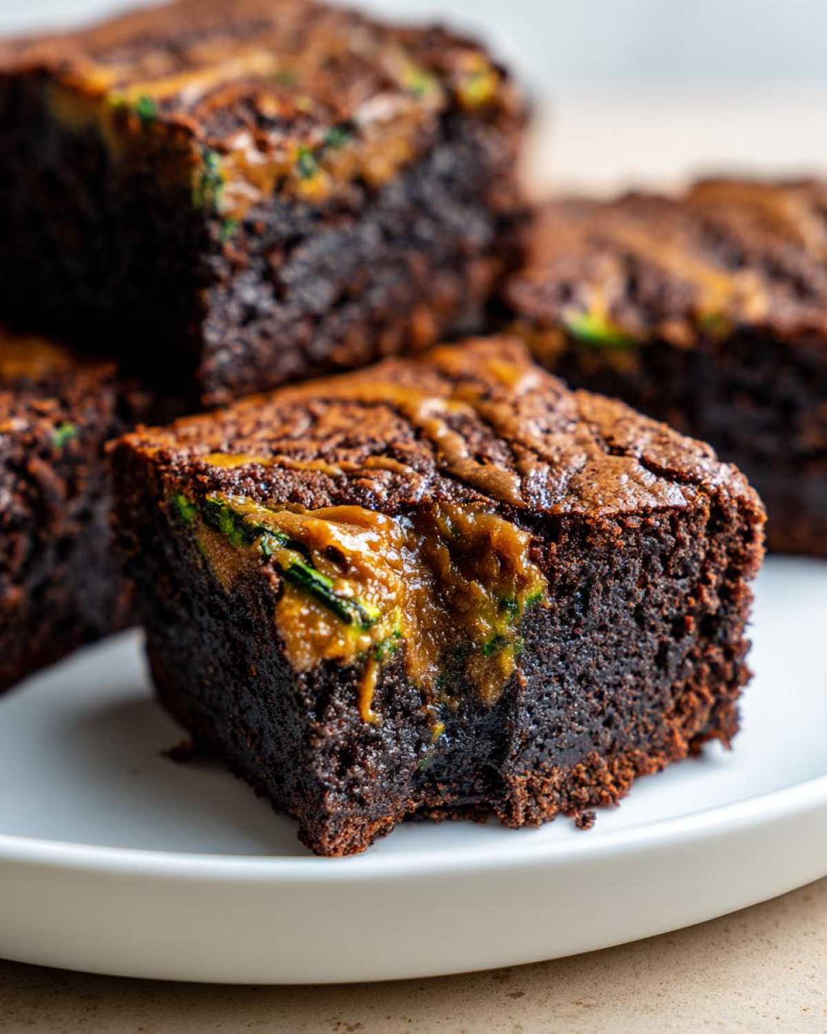 A rich, fudgy square of Salted Caramel Swirl Zucchini Brownies showing a visible swirl of caramel and green zucchini shreds.