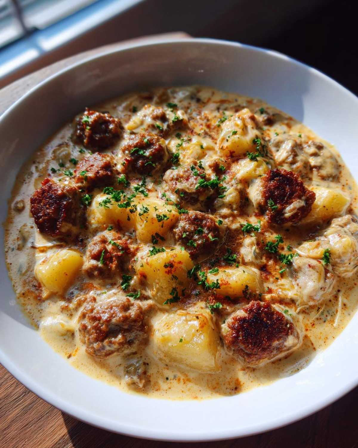 Close-up of a white bowl filled with creamy sausage potato soup, featuring chunks of potato and browned sausage pieces, topped with parsley.