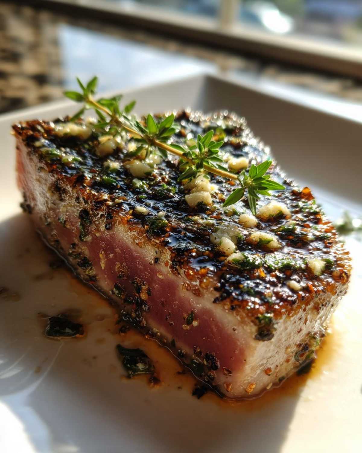 Close-up of a perfectly seared tuna steak with a dark, herby crust and a bright pink center, garnished with fresh thyme.