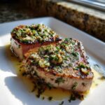 Two thick, seared tuna steak portions topped with a glistening herb and garlic butter sauce, served on a white plate.