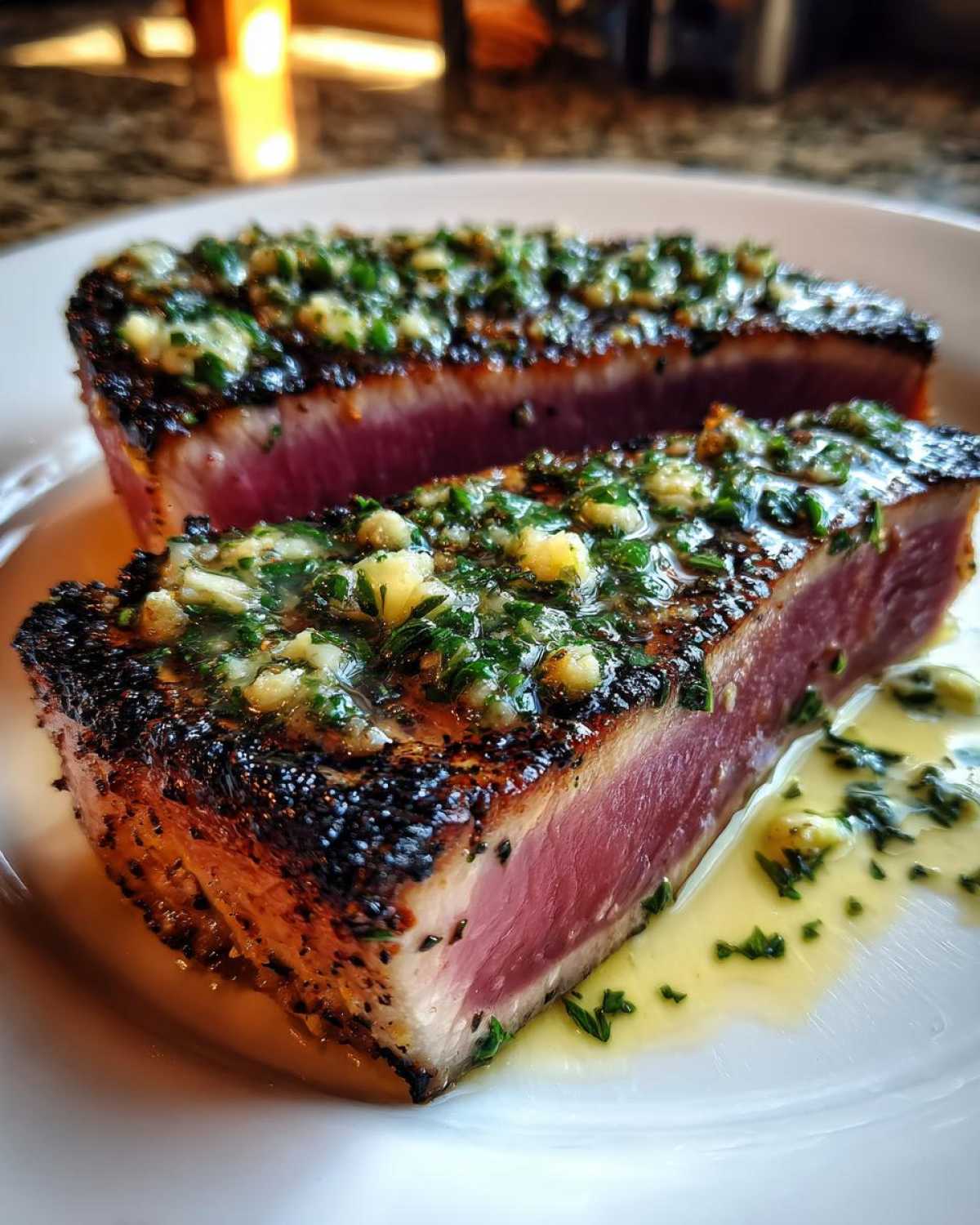 Two slices of perfectly seared tuna steak, showing a rare center, topped with a garlic herb butter sauce.