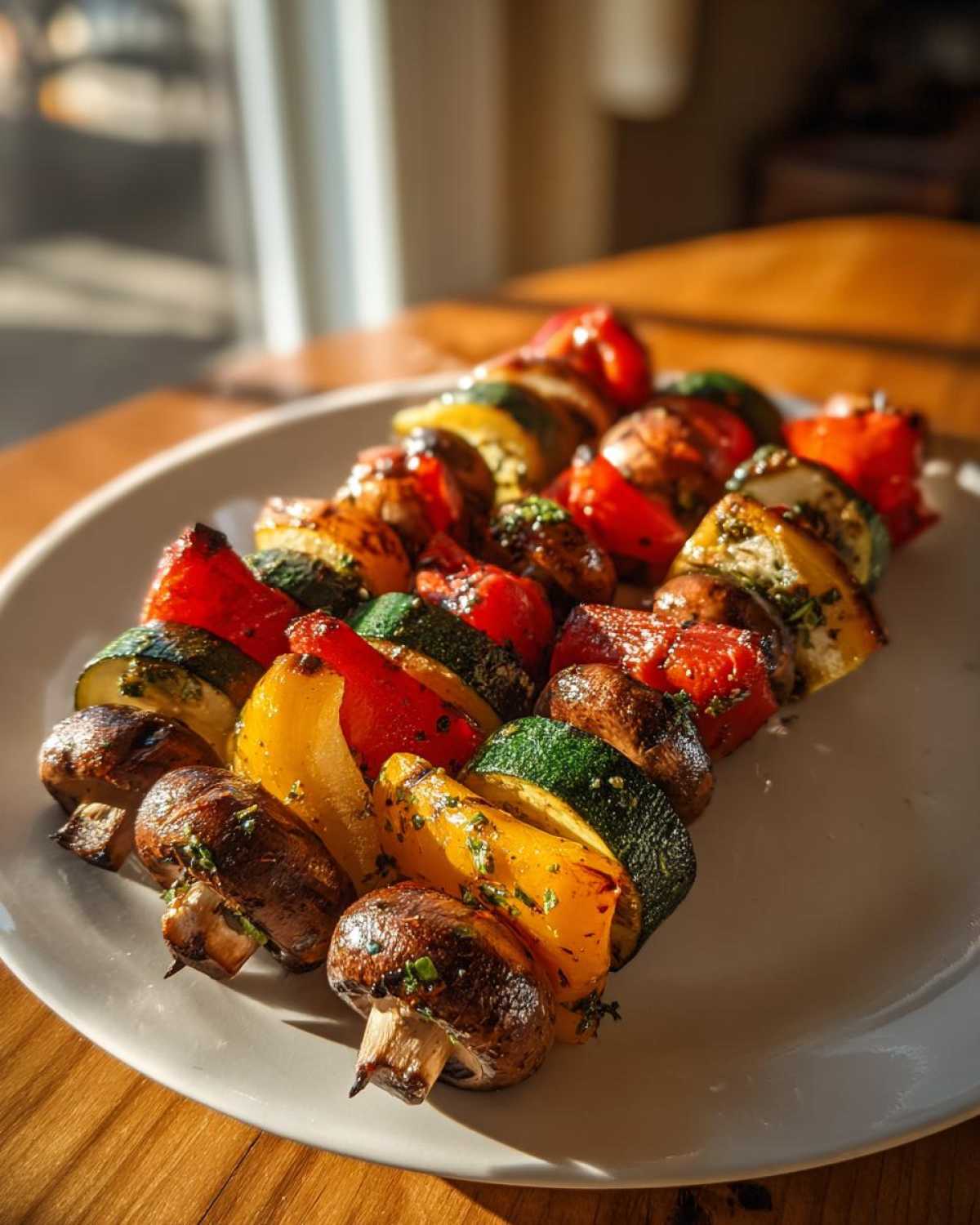 Three skewers of colorful, seasoned grilled vegetable skewers featuring mushrooms, zucchini, and bell peppers on a white plate.