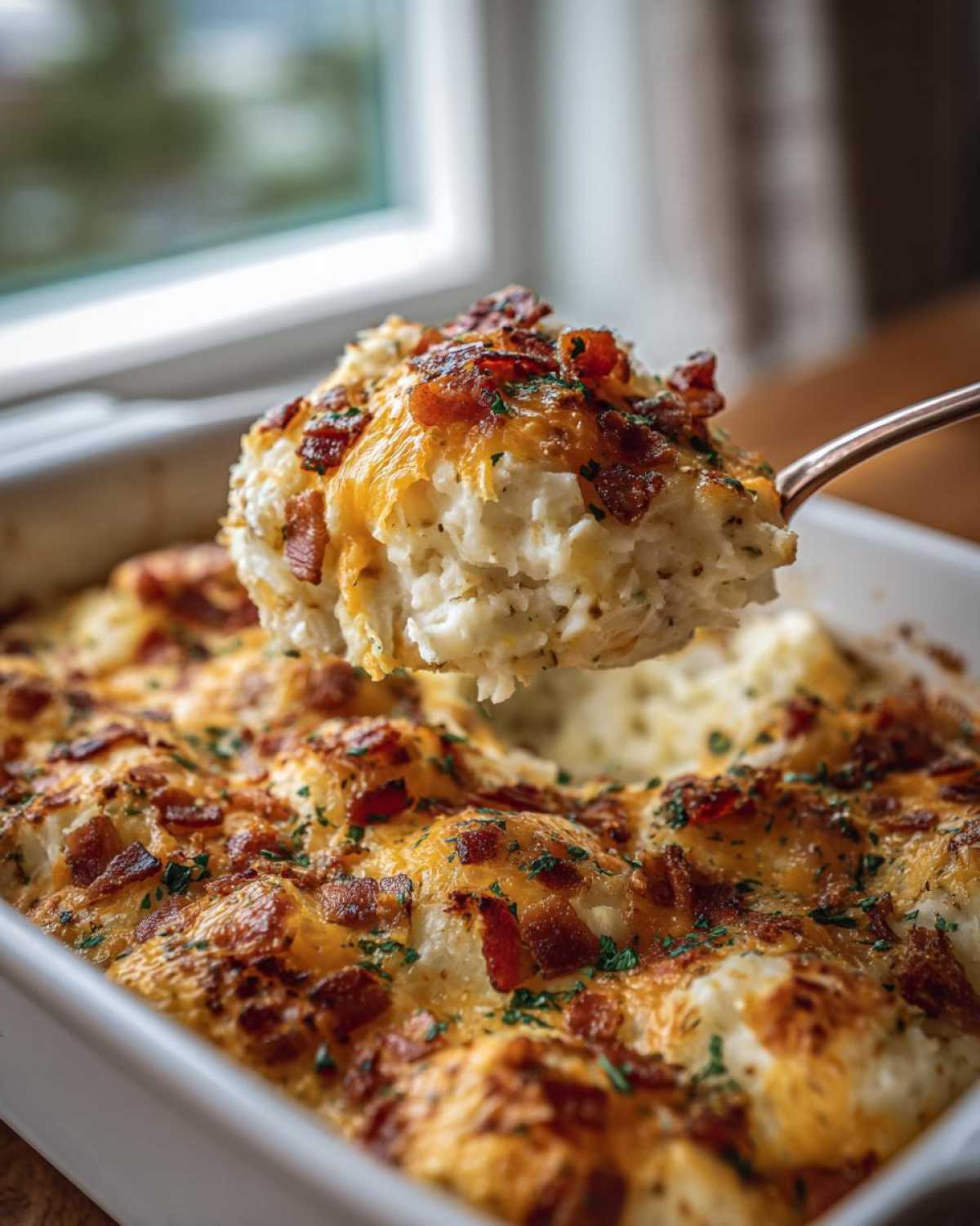 A spoonful of creamy baked potato casserole topped with melted cheddar cheese and crispy bacon bits being lifted from the dish.