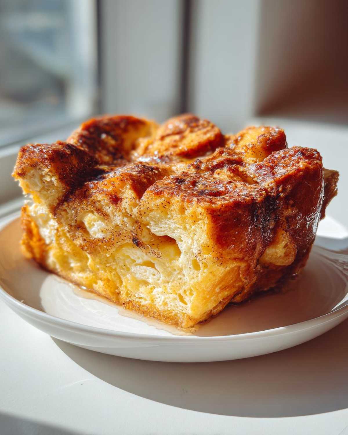 A square serving of baked overnight french toast, golden brown and sprinkled with cinnamon, on a white plate.