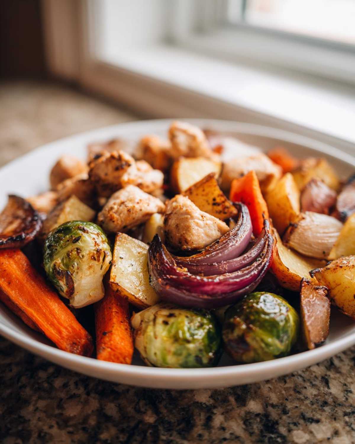 Close-up of roasted chicken pieces, potatoes, carrots, Brussels sprouts, and red onion from Sheet Pan Harvest Chicken and Veggies.